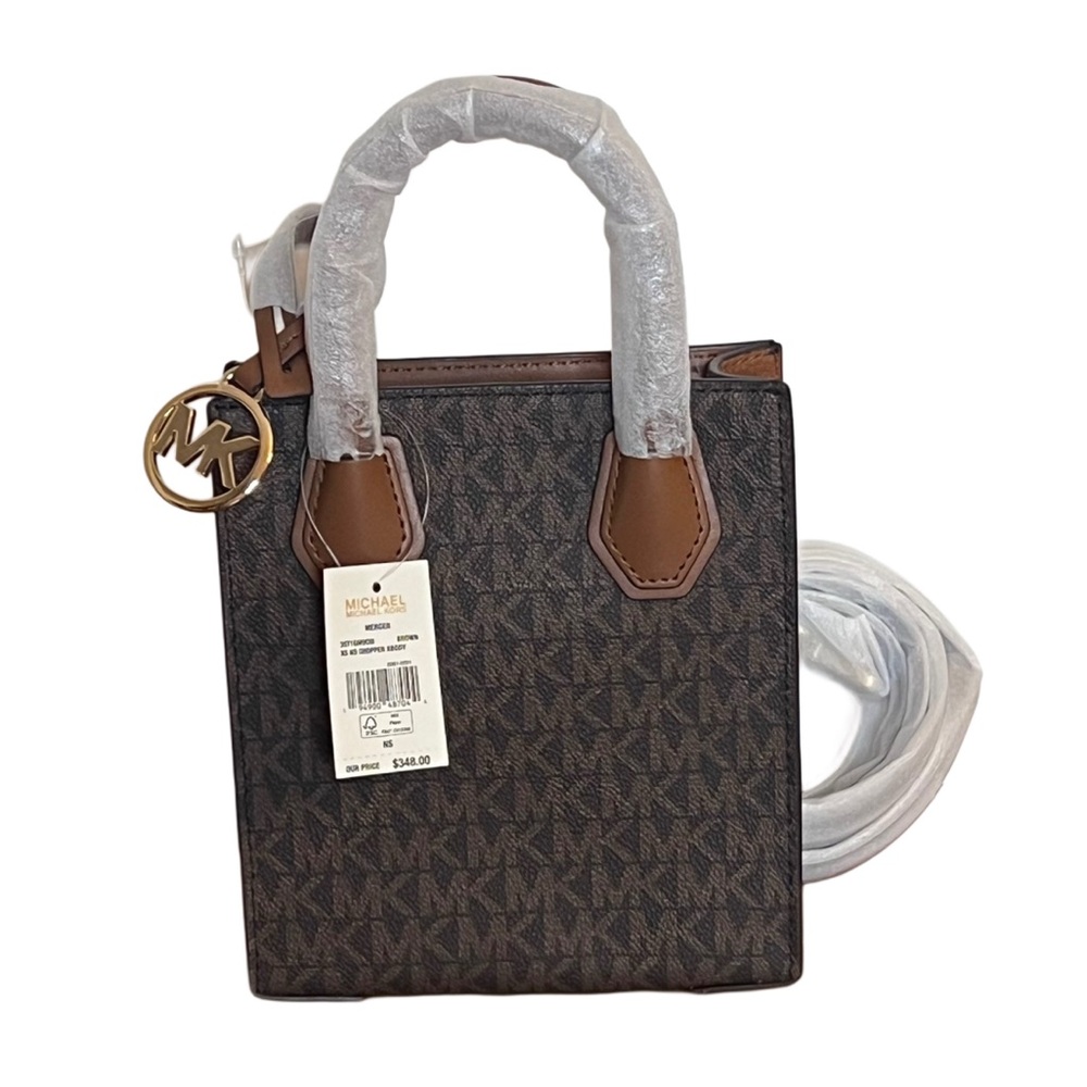 NWT Michael Kors Mercer XS Signature Brown Crossbody Satchel Bag